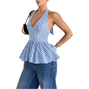 image:imageFloerns Womens Gingham Halter Tank Top V Neck Ruffle Peplum Going Out TopsBlue