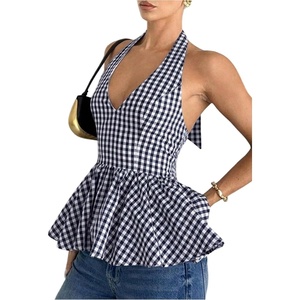 image:imageFloerns Womens Gingham Halter Tank Top V Neck Ruffle Peplum Going Out TopsDark Blue