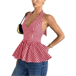 image:imageFloerns Womens Gingham Halter Tank Top V Neck Ruffle Peplum Going Out TopsRed and White