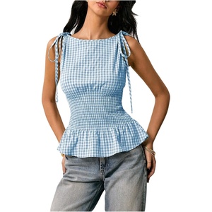 image:imageFloerns Womens Gingham Peplum Tie Shoulder Sleeveless Elegant Tank TopsBlue and White