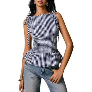 image:imageFloerns Womens Gingham Peplum Tie Shoulder Sleeveless Elegant Tank TopsDark Blue