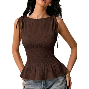 image:imageFloerns Womens Gingham Peplum Tie Shoulder Sleeveless Elegant Tank TopsDark Brown
