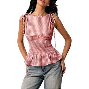 image:imageFloerns Womens Gingham Peplum Tie Shoulder Sleeveless Elegant Tank TopsDusty Pink