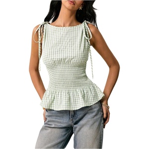 image:imageFloerns Womens Gingham Peplum Tie Shoulder Sleeveless Elegant Tank TopsGreen