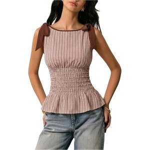 image:imageFloerns Womens Gingham Peplum Tie Shoulder Sleeveless Elegant Tank TopsMocha Brown
