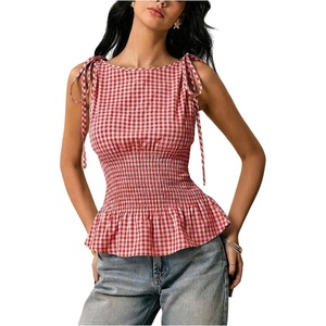 image:imageFloerns Womens Gingham Peplum Tie Shoulder Sleeveless Elegant Tank TopsRed and White