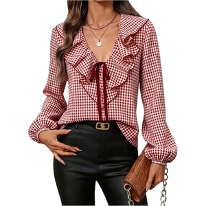 image:imageFloerns Womens Gingham Ruffle V Neck Dressy Casual Blouses TopsRed