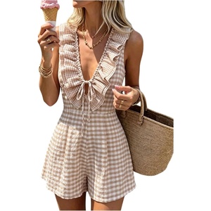 image:imageFloerns Womens Gingham Summer Rompers Ruffle V Neck Tie Front Beach Vacation Short JumpsuitsKhaki Gingham
