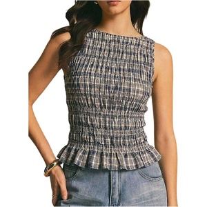 image:imageFloerns Womens Gingham Tank Top Peplum Ruffled Boat Neck Smocked TopsBlue