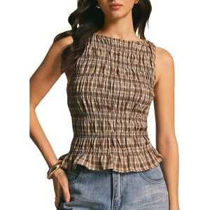 image:imageFloerns Womens Gingham Tank Top Peplum Ruffled Boat Neck Smocked TopsBrown