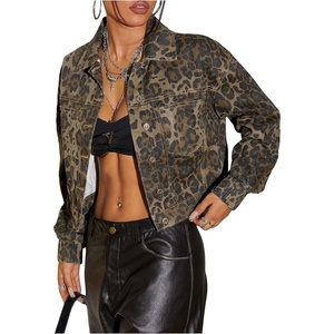 image:imageFloerns Womens Leopard Denim Jacket Long Sleeve Button Up Boyfriend Jean Jacket CoatKhaki Multi