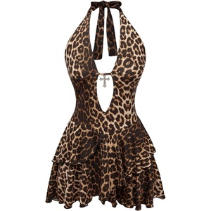 image:imageFloerns Womens Leopard Halter Deep V Neck Dress Layered Ruffle Gothic Y2k Mini DressBrown