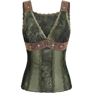 image:imageFloerns Womens Leopard Lace Trim Rave Top Sheer Mesh Tank TopsArmy Green