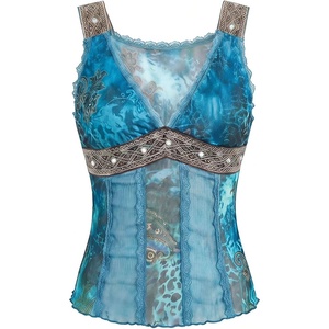 image:imageFloerns Womens Leopard Lace Trim Rave Top Sheer Mesh Tank TopsBlue
