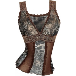 image:imageFloerns Womens Leopard Lace Trim Rave Top Sheer Mesh Tank TopsBrown Multi