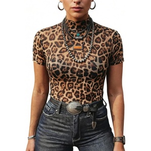 image:imageFloerns Womens Leopard Mesh Short Sleeve T Shirts Mock Neck Streetwear Y2k Going Out TopsBrown Leopard