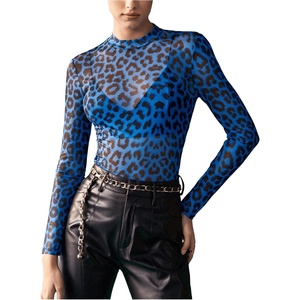 image:imageFloerns Womens Leopard Mock Neck Sheer Mesh Long Sleeve Tee ShirtsBlue