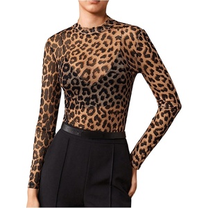 image:imageFloerns Womens Leopard Mock Neck Sheer Mesh Long Sleeve Tee ShirtsBrown