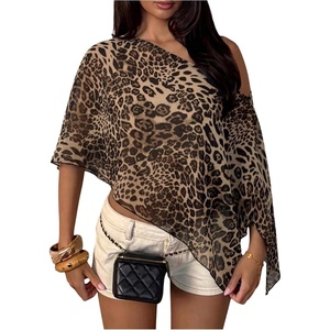 image:imageFloerns Womens Leopard Off The Shoulder Asymmetrical Sheer Mesh Poncho TopCoffee Brown