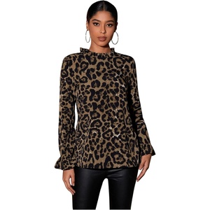 image:imageFloerns Womens Leopard Print Long Sleeve Frill Trim Mock Neck Blouse TopsBrown Multi