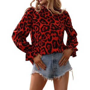 image:imageFloerns Womens Leopard Print Long Sleeve Frill Trim Mock Neck Blouse TopsRed