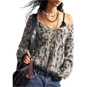 image:imageFloerns Womens Leopard Print Off The Shoulder Sweater Fall 2025 Trendy V Neck Loose Casual Long Sleeve Fuzzy SweaterApricot