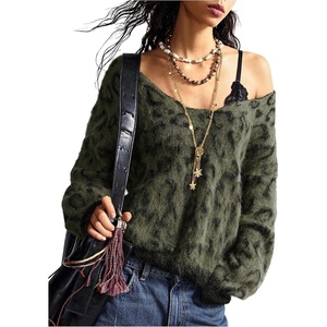 image:imageFloerns Womens Leopard Print Off The Shoulder Sweater Fall 2025 Trendy V Neck Loose Casual Long Sleeve Fuzzy SweaterArmy Green