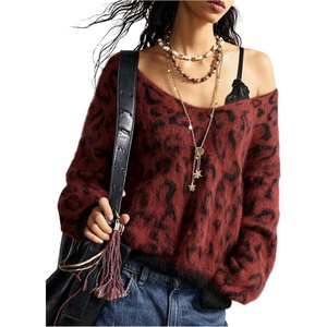 image:imageFloerns Womens Leopard Print Off The Shoulder Sweater Fall 2025 Trendy V Neck Loose Casual Long Sleeve Fuzzy SweaterBurgundy