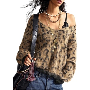 image:imageFloerns Womens Leopard Print Off The Shoulder Sweater Fall 2025 Trendy V Neck Loose Casual Long Sleeve Fuzzy SweaterYellow