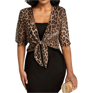 image:imageFloerns Womens Leopard Print Tie Front Mesh Blouses Half Sleeve Open Cropped Fall CardigansBrown
