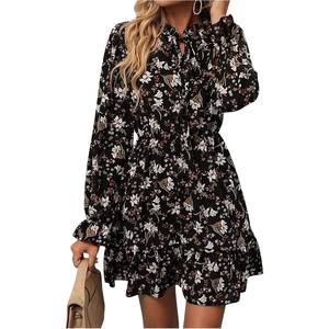 image:imageFloerns Womens Leopard Print Tie Neck Party Dress Layered Long Sleeve A Line DressesBlack