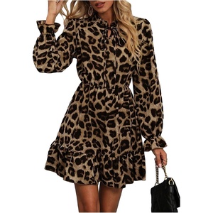 image:imageFloerns Womens Leopard Print Tie Neck Party Dress Layered Long Sleeve A Line DressesKhaki