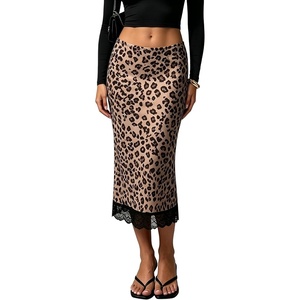image:imageFloerns Womens Leopard Satin Midi Skirt Low Waist Lace Trim Bodycon SkirtMulticolor