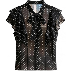 image:imageFloerns Womens Mesh Ruffle Sleeve Polka Dots Dressy Casual Blouse TopsBlack and White