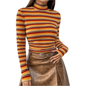 image:imageFloerns Womens Mock Turtleneck Long Sleeve Slim Fit Stretch Striped TShirts Tunic Tops Fall Fashion Trendy Outfits ClothesYellow Striped