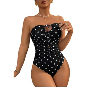image:imageFloerns Womens One Piece Swimsuit Striped Ruched Strapless Bandeau Bathing Suit BeachwearBlack Polka Dots