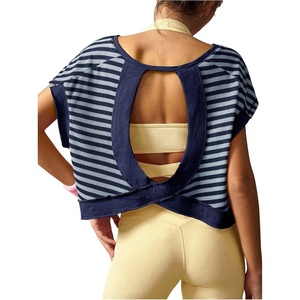 image:imageFloerns Womens Open Back Workout Top Striped Short Sleeve Gym Athletic Running TeesBlue