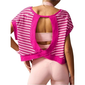 image:imageFloerns Womens Open Back Workout Top Striped Short Sleeve Gym Athletic Running TeesHot Pink