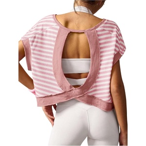 image:imageFloerns Womens Open Back Workout Top Striped Short Sleeve Gym Athletic Running TeesPink