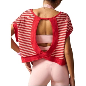 image:imageFloerns Womens Open Back Workout Top Striped Short Sleeve Gym Athletic Running TeesRed
