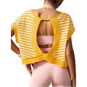 image:imageFloerns Womens Open Back Workout Top Striped Short Sleeve Gym Athletic Running TeesYellow