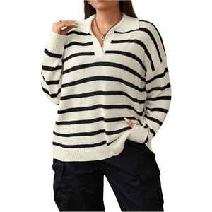 image:imageFloerns Womens Plus Size Casual Striped Long Sleeve V Neck Pullover Sweater Loose Fit Fall Knitted TopWhite