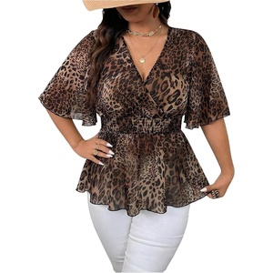 image:imageFloerns Womens Plus Size Cheetah Peplum Tops V Neck Short Sleeve Smocked Summer BlousesBrown
