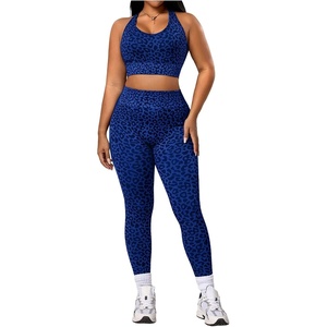 image:imageFloerns Womens Plus Size Leopard Workout 2 Piece Outfits Cropped Tank Tops and High Waisted Leggings Sport SetsBlue