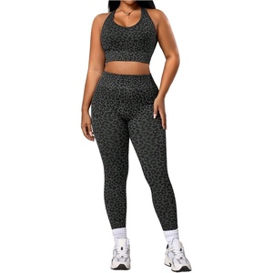 image:imageFloerns Womens Plus Size Leopard Workout 2 Piece Outfits Cropped Tank Tops and High Waisted Leggings Sport SetsGrey