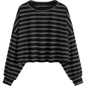 image:imageFloerns Womens Plus Size Long Sleeve Striped Oversize Pullovers Crop Top TeeBlack