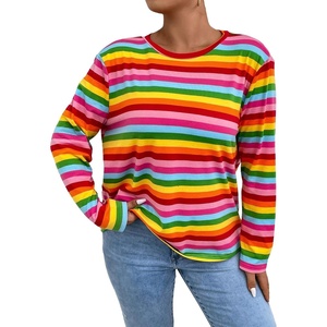 image:imageFloerns Womens Plus Size Long Sleeve Striped Oversize Pullovers Crop Top TeeRed Rainbow Striped