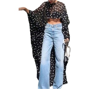 image:imageFloerns Womens Plus Size Polka Dots Cape Blouses Sheer Asymmetrical TopsBlack