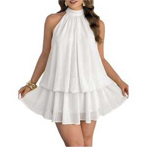 image:imageFloerns Womens Plus Size Polka Dots Halter Drop Waist Elegant Mini DressWhite