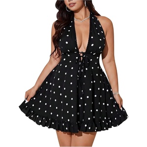 image:imageFloerns Womens Plus Size Polka Dots Halter Mini Dress Backless Ruffle A Line Going Out DressesBlack